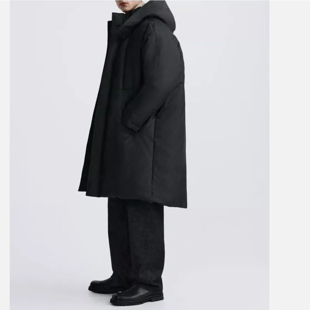 MEN Zara Charcoal Grey Black Quilted Parka With Detachable Hood Coat Size L NWT - Picture 2 of 13